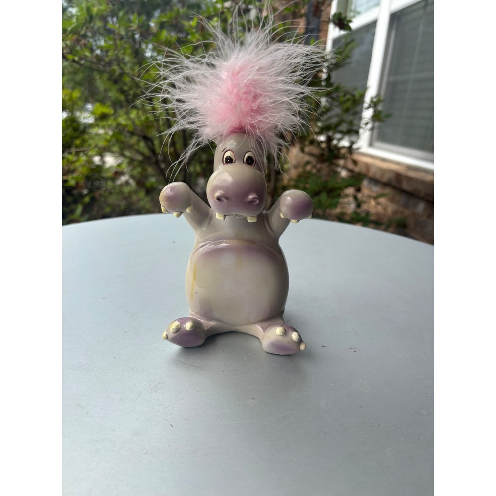 Vintage Ceramic Hippo Figurine with Pink Feather Hair Grey Purple Kitsch Decor